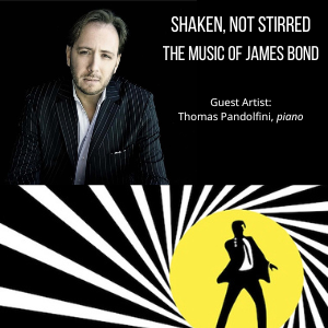 photo of white male in pin striped suit and a black and white spiral with a james bond shadow