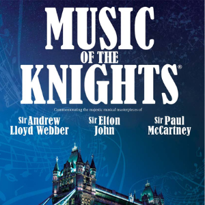 blue poster text music of the knights and picture of london bridge