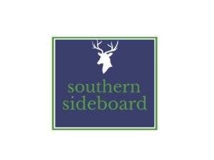 blue background and green text logo southern sideboard and elks head white
