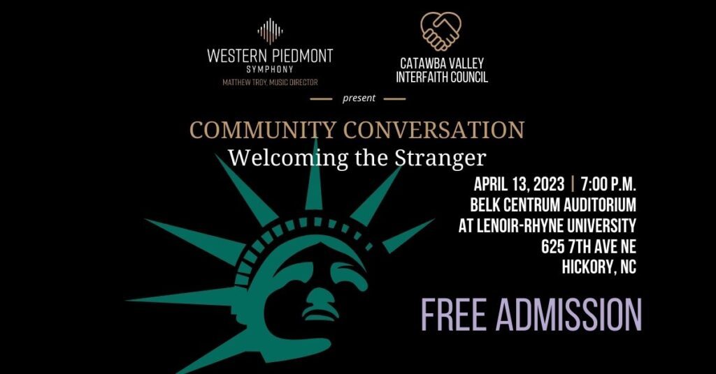 black background with image of statue of liberty head and text invitation to a community conversation about immigration