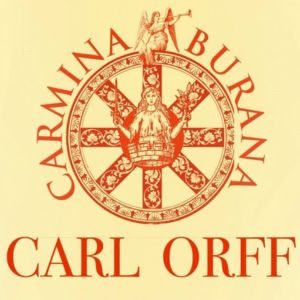"Carmina Burana" with wheel of fortune and "Carl Orff" below, all in red on a light yellow background