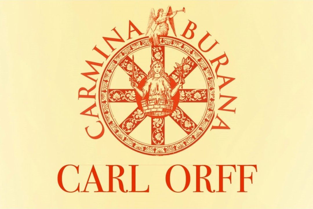 yellow background and red medieval drawing of a wheel of fortune for Carl Orff Camina Burana