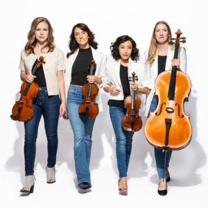 KAIA Quartet in jeans and black and white tops with their instruments