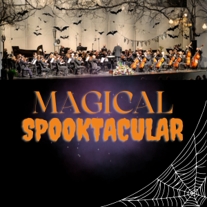 Magical Spooktcacular text in orange on top of a black and purple background with the Western Piedmont Symphony above it surrounded by bats and other spooky things