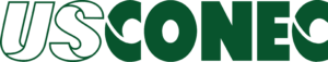 us conec  company logo in white and green letters