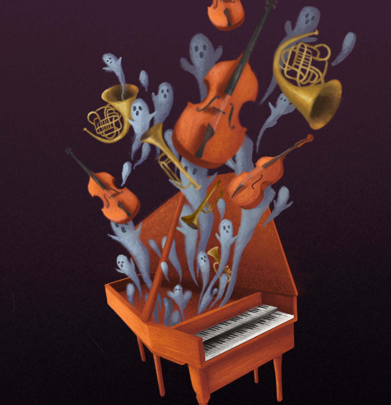 drawing of orchestra instruments with halloween ghosts