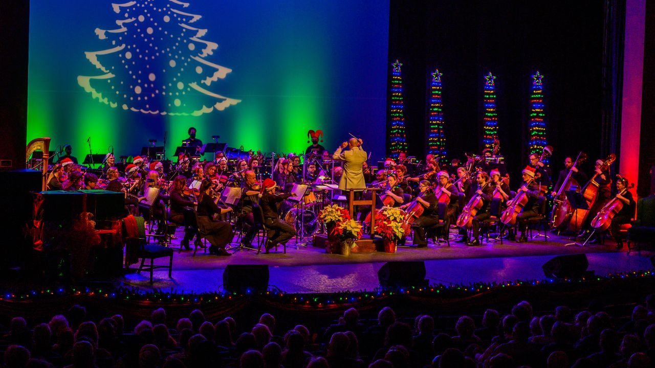 The Western Piedmont Symphony during the 2022 Holiday Pops concert, on stage at the J.E. Broyhill Civic Center in Hudson.