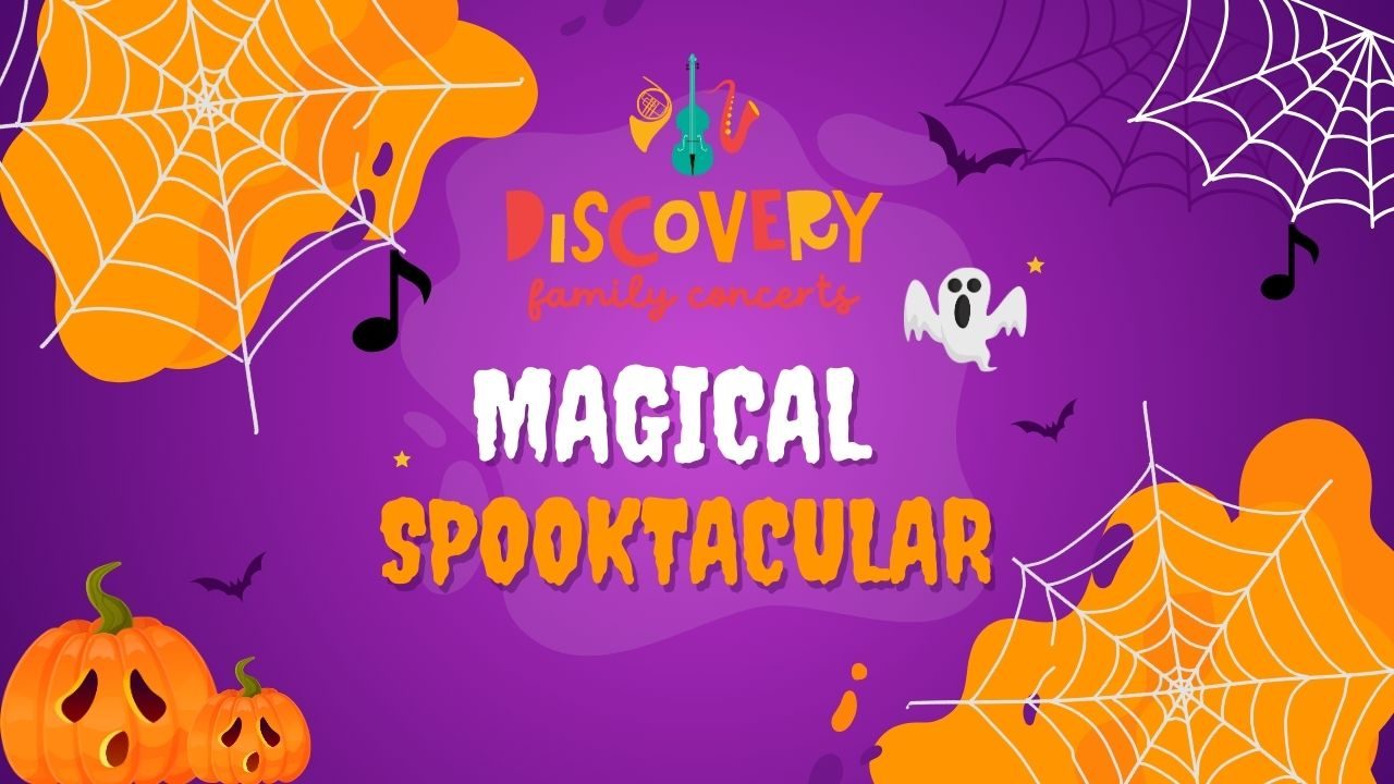 Magical Spooktcacular text in orange on top of a purple and orange background, surrounded by bats and other spooky things