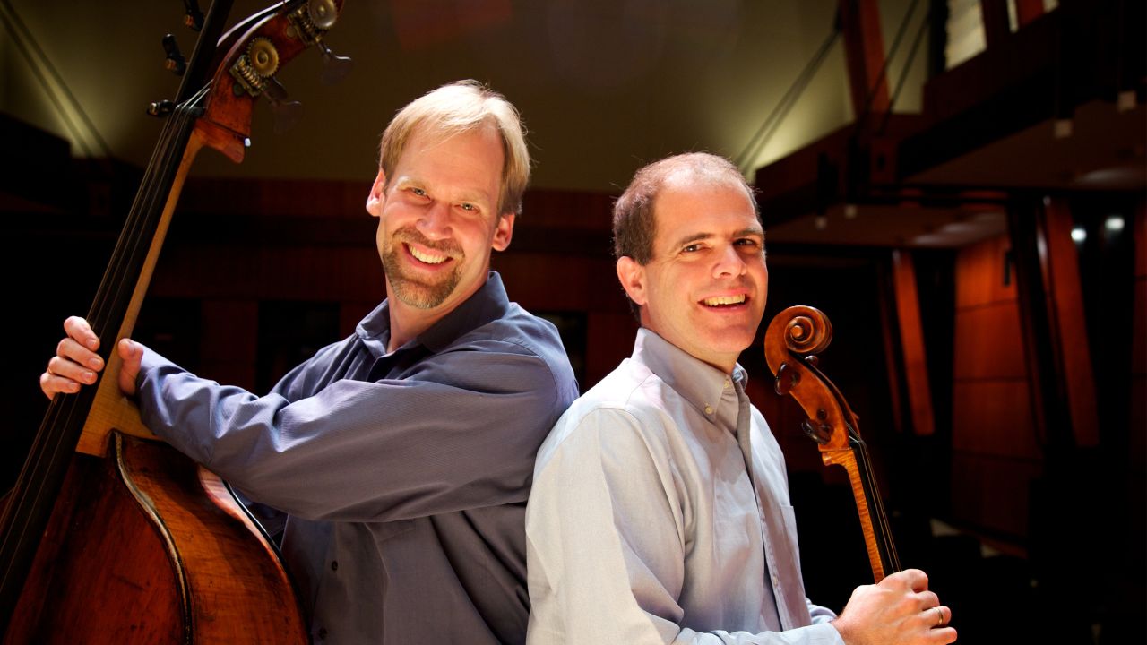 Cellist Brooks Whitehouse and Bassist Paul Sharpe with their instruments