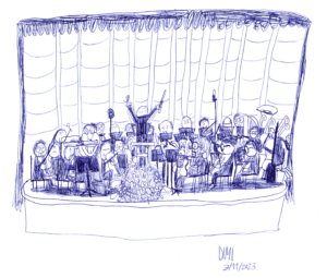 Ink pen drawing of orchestra playing music on stage