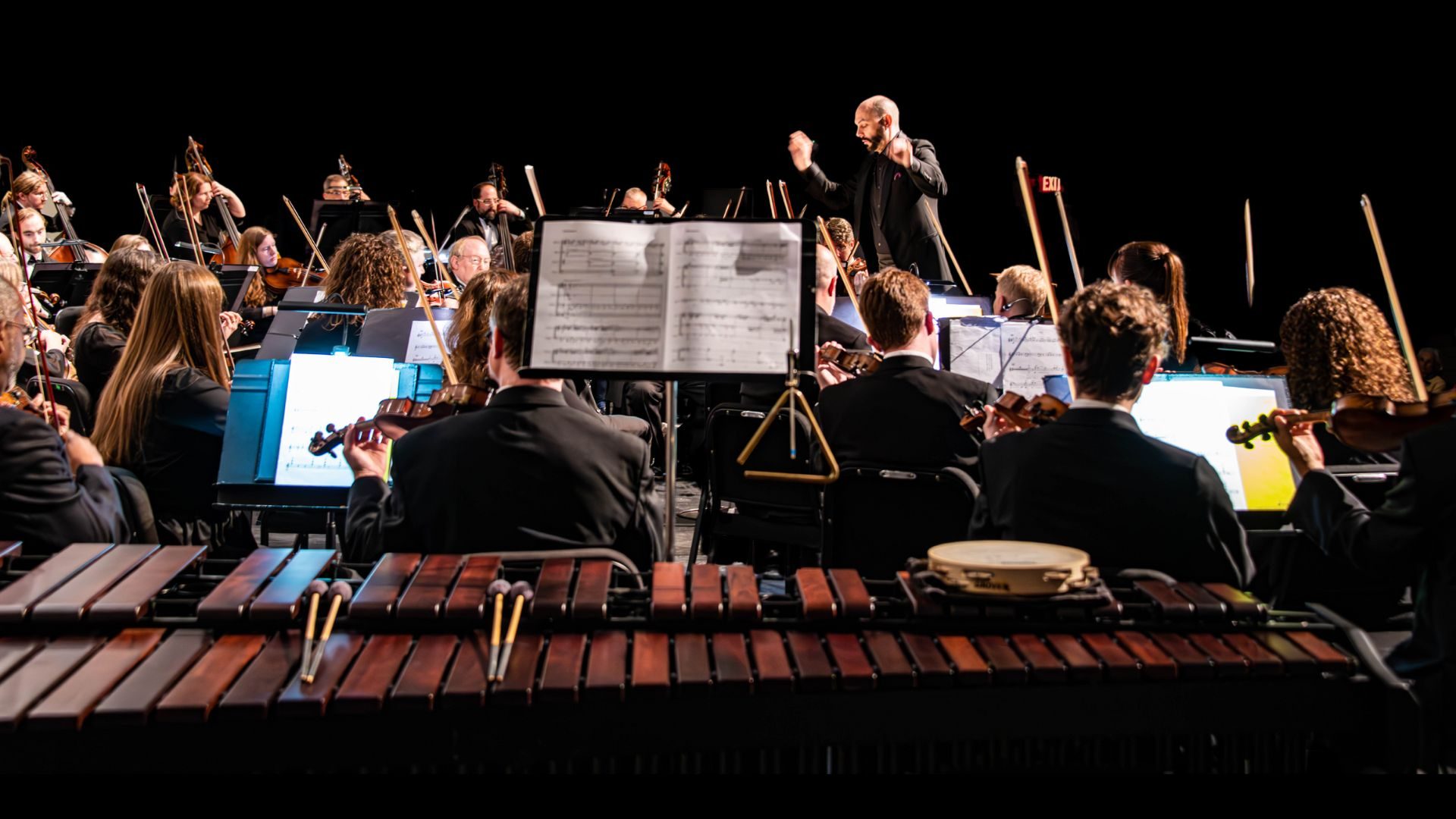 color photograph or wodden marimba instrument in an orchestra settings with the conductor leading the group in the background