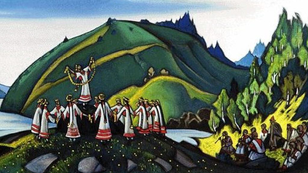 original artwork for The Rite of Spring (1913) by designer Nikolai Roerich a group of people dancing in a mountain