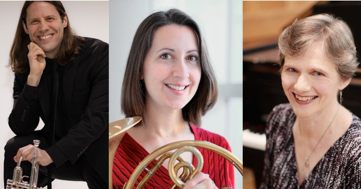 photo collage of three musicians, a white male in a black quit with long brown hair holding a silver trumpet, a white female in a red blouse with should length brown hair holding a brass french horn, an older white female with blonde grey short hair and wearing a glittery blouse sitting in front of a black grand piano