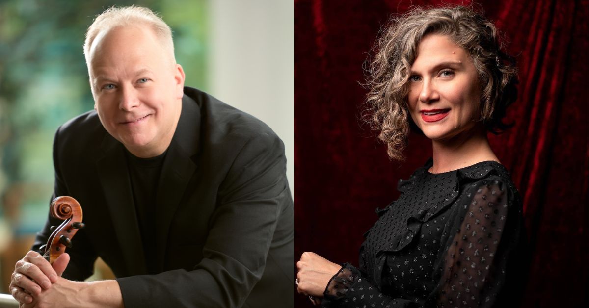 older while male with thin fair hair holding a viola instrument wearing a black jacket and black shirt; whitefemale with grey curly hair wearing a frilly black blouse in front of a red velvet curtain back ground