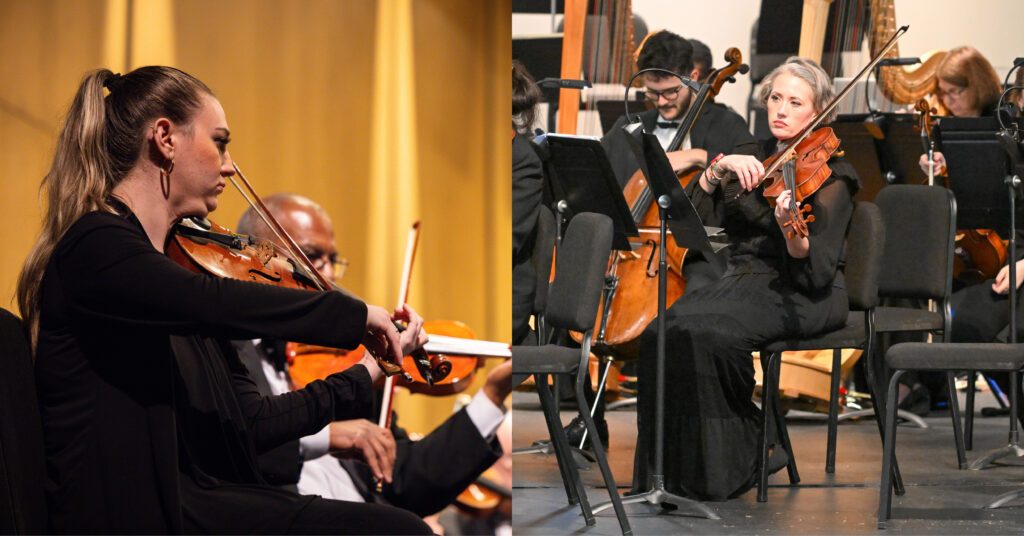 a collage two white females playing wooden stringed violins instruments in an orchestra and wearing black dress clothes