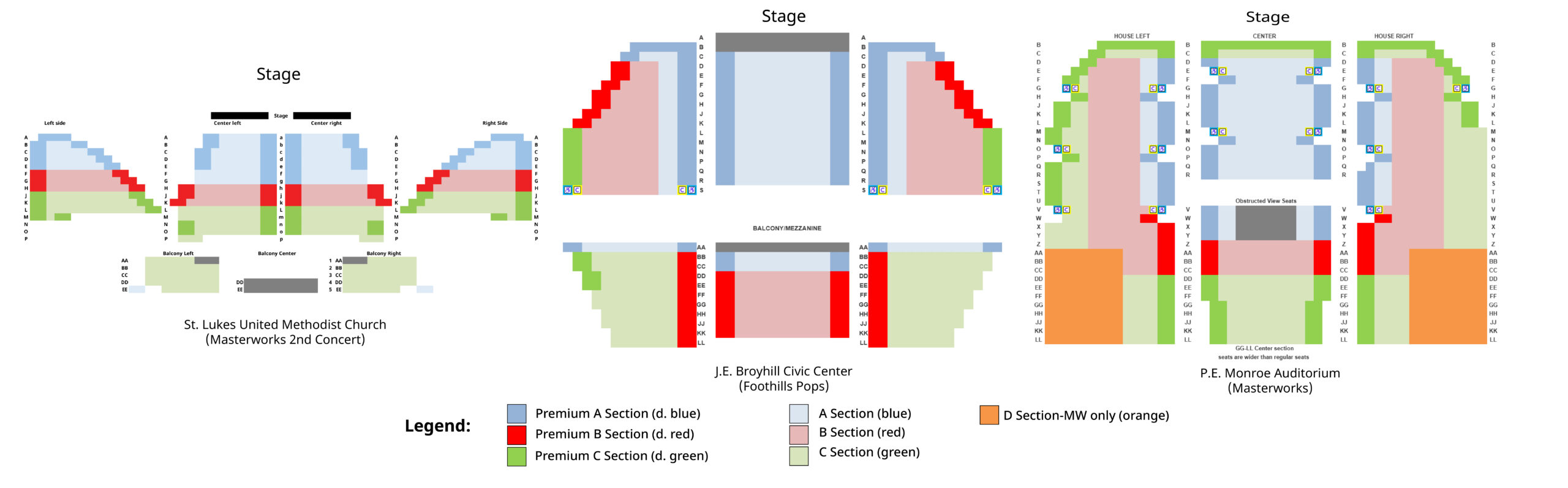 Representation of seating charts for St Luke's UMC, JE Broyhill, and PE Monroe.